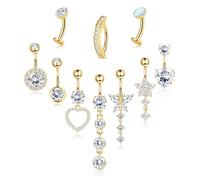 Chriscoco 10pcs 14G Piercing Ombelico Acciaio Chirurgico Argento Oro Anallergico CZ Opale Cuore Papillon Pendente Piercing Ombelico Anello Clicker Navel Piercings