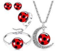 Chriscoco Buona Fortuna Coccinella Gioielli Rosso Coccinella Braccialetto Luna Collana Anello Orecchini Set Coccinella Amante Regalo Insetto Desiderio Regalo Fortunato per Donne Ragazza
