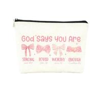 Christain Gifts - Trousse per cosmetici da donna, con fiocco rosa a tema "Dio dice che sei tu", borsa portatile da viaggio, pratica trousse per cosmetici per donne e ragazze