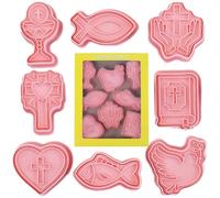 Christian - 8 per biscotti per comunione, battesimo, cresima e Pasqua, con cartoni animati cristiani 3D con pace, pesce d'amore, calice, perfetti per violoncelle religiose