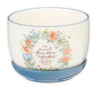 Christian Art Gifts Two Piece White Ceramic Table Top Scripture Planter Pot & Detachable Light Blue Saucer Tray for Women: Sweet Friendship, Indoor & Outdoor Plant, Drainage Hole, Multicolor Floral