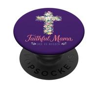 Christian - Croce floreale pasquale con scritta "Faithful Mama He Is Risen" PopSockets PopGrip Adesivo