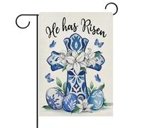 Christianty Easter Cross Chinoiserie Religious He Has Risen Blue And White Porcelain Bandiera Da Giardino Robuste Bandiera Colore Vivido Bandiere Verticale Per Feste Esterno Festival 30X45Cm