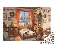 Christmas Bedroom Jigsaw Jigsaw Puzzles 1000 Pezzi Materiale Riciclabile Winter Cozy Art Senior Jigsaw Puzzles Impossibile Difficile Difficile Stimolante Educativo Game for Men 52x38cm/1000pcs