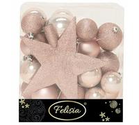 Christmas Box 31 Pezzi - Sfere di Natale in Plastica Assortite (Lucide, Glitterate e Opache) con Puntale a Stella - Misure Miste - Vari Colori (Cipria)