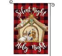 Christmas Buffalo Plaid Nativity Silent Holy Night Jesus Christianty Winter Flag Resistente Alle Intemperie Bandiera Da Giardino Durevole Bandiera Per Feste Giardino Cortile 30X45Cm