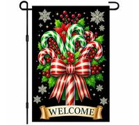 Christmas Candy Cane Red And Green Christmas Bow With Pine Cones And Welcome Text Bandiera Da Cortile 30X45Cm Bandiere Divertenti Stagionale Bandiera All'Aperto Per Dormitorio Feste