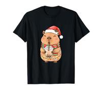 Christmas Capybara Santa Hat with Bubble Tea Xmas Lights Maglietta