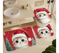 Christmas Cat Cute Doll Cat Wearing A Red Hat Tappeto Bagno 3 Pezzi, Tappeto Con Profilo A U Assorbente Zerbino Per La Casa Doccia