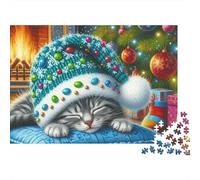 Christmas Cat Sleeping Puzzle 1000 Pezzi in Cartone Riciclato Per Adolescenti Tempo Libero Passare Il Tempo Regalo Set Completo Con Poster 70x50cm/1000pcs