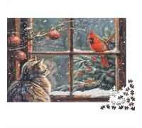 Christmas Cat Window Colourful Cat & Cardinal by Window 1000 Pieces Jigsaws Adults Beautiful Decoration Home Activity 52x38cm/1000pcs