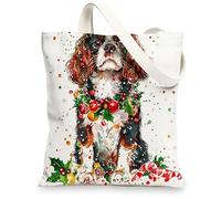 Christmas Cavalier King Charles Spaniel Borsa tote in tela per lo shopping 33 x 38 cm, divertente borsa della spesa riutilizzabile per donne, cane lavoro viaggio modello regalo decorazione