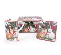 Christmas Concepts® Gamma di stoviglie in ceramica Deluxe a tema Festive Cat - Set da tè con tazza da 300 ml, cucchiaino e sottobicchiere, in confezione regalo decorativa coordinata