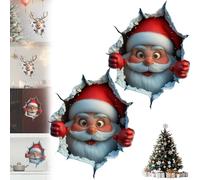 Christmas Creative Wall Sticker, Large 3D Santa Claus & Reindeer Wall Decals, Break-The-Walls Santa Claus 3D Walls Decal, for Window Living Room Bedroom Party Decor (2PCS-1)