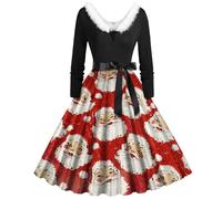 Christmas Dress for Women UK Elegant Furry V-Neck Snowflakes Elf Santa Reindeer Printed Fleece Knitted Top Tunic Slim Fit Cocktail Xmas Dresses Jumper Dress for Party Special Occasions Evening Gowns