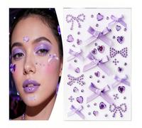 Christmas Face Stickers Eye Face Set for Purple Women Tattoo Jewels Self Adhesive Rhinestone Gems with Stars Butterflies Hearts Designs for Festival Rave Y2K Makeup Accessories