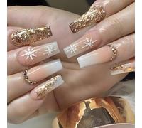 Christmas False Nails Snow Press on Nails Glitter Stick on Nails Ballerina Acrylic Short Fake Nails 24pcs for Women and Girls(C)