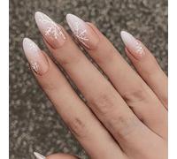 Christmas False Nails Snow Press on Nails Glitter Stick on Nails Ballerina Acrylic Short Fake Nails 24pcs for Women and Girls(D)