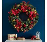 Christmas Garland, Pre-Lit Artificial Christmas Wreath, Real Touch Garland, with Pine Cones, Red Ball, Red Flower, Christmas Decorations for Door Wall & Mantel(Gold,80cm/31.4in)