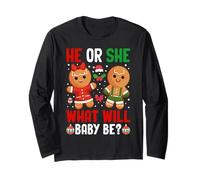 Christmas Gender Reveal Gingerbread Cookie He or She Baby Maglia a Manica