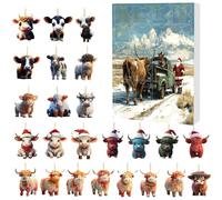 Christmas Highland Cow Calendar Advent - 24 giorni Cow Ornaments | Christmas Countdown Calendar With 2D Acrylic Animal Ornaments For Tree, Window, Wall, Door, Car Rearview Mirror, Backpack, Festive