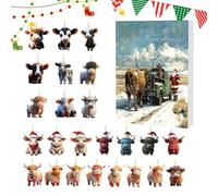 Christmas Highland Cow Calendar Advent, 2D Acrylic Animal Ornaments For Tree, 24 Days Cow Ornaments Christmas Countdown Calendar, Window Wall Door Car Rearview Mirror Backpack Decor