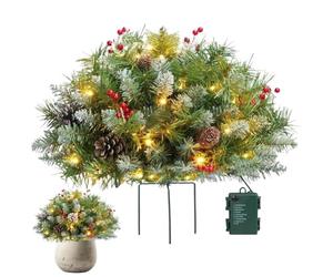 Christmas Holiday Planter Decorations | Lighted Artificial Christmass Urn Filler | Pre-lit Artificiall X mas Tree with Cones & Red Berries | Decor for Pathway, Lawn, Patio
