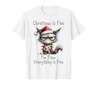 Christmas Is Fine I'm Fine Grumpy Black Cat Xmas Chaos Maglietta
