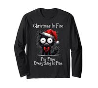 Christmas Is Fine I'm Fine Grumpy Black Xmas Cat Chaos Maglia a Manica