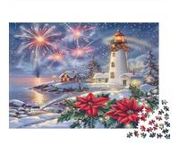 Christmas Lighthouse Scene 1000 Piece Puzzle for Adults: Lighthouse Fireworks Poinsettias Fun And Challenging Family Game & Great Gift Idea 70x50cm/1000pcs