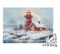 Christmas Lighthouse Scene Colourful Red Lighthouse Winter 1000 Pieces Jigsaws Adults The Impossible Challenge Home Activity 70x50cm/1000pcs
