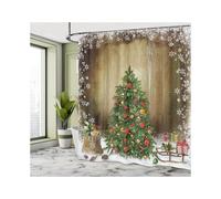 Christmas Shower Curtain, Pine Tree with Present Boxes on Snowy Board Xmas at Countryside Theme, Cloth Fabric Bathroom Decor Set with Hooks, 69" W x 7