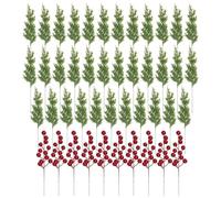 Christmas Stems - Red Berry Stems, Faux Pine Branches | 45 Pieces Tree Branches for Decoration | Cypress Leaves Stem Christmas Tree Picks for Garland Home Decor | Chrîstmas Artificial Pine Branch