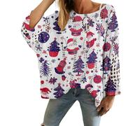 Christmas Sweaters for Women Crochet Knitted Long Sleeve Print Pullover Tops Cozy Embroidery Oversized Sweatshirts