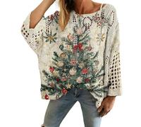 Christmas Sweaters for Women Crochet Knitted Long Sleeve Print Pullover Tops Cozy Embroidery Oversized Sweatshirts