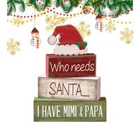 Christmas Tiered Tray Decoration, Wooden Santa Hat Blocks & Holiday Table Signs with Classic Red Design, 4 Pieces Wooden Ornament Set, for Shelf Kitchen Bedroom Living Room Farmhouse Restaurant Office