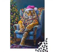 Christmas Tiger Unique Animal 1000 Pieces Jigsaw Puzzle for Adults Paper Brain Training Christmas Tiger Puzzle Decor 38x26cm/1000pcs