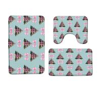 Christmas Tree Cute Pink Bow Green Pine Tree Merry Christmas Winter Xmas Holiday Blue Set Di Tappetini Da Bagno 3 Pezzi, Tappetino Contorno Wc Lavabile Tappeto Con Profilo A U Per La Casa