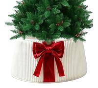 Christmas Tree Skirt - Striped Corduroy Base Cover, Bow Accent Ring Decor | Tree Base Cover - Festive Concealment for Holiday Stands, Seasonal Styling | Box Shaped Corduroy Fabric with Decorative Bow