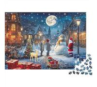 Christmas Village Night 1000 Pezzi Cartone Snowman Deer Town Art Puzzle Per Adulti Resistente Ai Graffi Momento Di Relax Regalo Per Famiglia Ecologico 38x26cm/1000pcs
