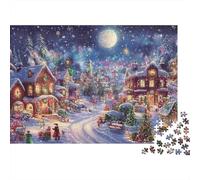 Christmas Village Night Adult Jigsaws for Decompression: Moonlit Snowy Town Scene Educational Game Challenge Wall Decoration 38x26cm/1000pcs
