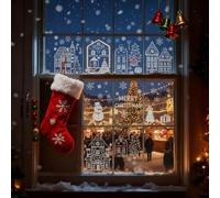 Christmas Village Stickers, Large White Snowy Village Window Clings for Glass Windows, Non-Adhesive Christmas Window Decals with Snowflakes & Winter Houses for Holiday Home Décor (Style C)