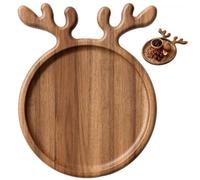 Christmas Wooden Serving Tray with Reindeer Design - Round Decorative Dessert and Appetizer Plate with Handle, Holiday Table Display Plate for Cookies, Sushi and Kitchen Use