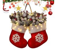 Christmas Wreath Indoor, 30x40cm Christmas Mitten Wreath With LED Lights | Easy To Install Decorations With Red Berries Pine Cones Branches For Wedding Party Mantel Farmhouse Window Porch Patio