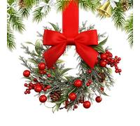 Christmas Wreath, Small Bow Tie Garland Decoration, Artificial Green Pine Wreath with Red Ribbon, Festive Door Wall Mantel Decor for Home, Kitchen, Indoor, Outdoor and Winter Parties Activities