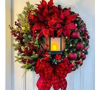 Christmas Wreath With Led Light Sacred Christmas Wreath Retro Red Christmas Wreath, Artificial Wreath Flocked With Mixed Decorations For Window, Wall Mantel, Porch (C)