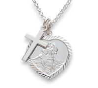 Christopher James of London Ciondolo a forma di cuore di San Cristoforo e croce su collana da 45,7 cm | Catena Belcher in argento Sterling 925 massiccio da 2 mm | Preghiera dei viaggiatori su ciondolo