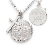 Christopher James of London Collana con ciondolo di San Cristoforo da 19 mm e croce da 55,9 cm, in argento Sterling massiccio 925, catena Belcher da 2 mm, preghiera dei viaggiatori su ciondolo