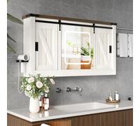ChromaCasa Specchio Bagno Contenitore con LED Dimmerabile In 3 Colori, Armadio Specchio Bagno con Ante Scorrevoli In Stile Fienile, Pratico e Elegante per Bagno, Cucina(120x60x20cm,Bianco)