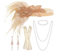 CHROMACRAFT 1 Copricapo di Piume, 1 Braccialetto, 1 Collana, 1 Paio di Orecchini E 1 Guanto Lungo, Oggetti di Scena per Cosplay, Accessori Vintage, Accessori per Feste